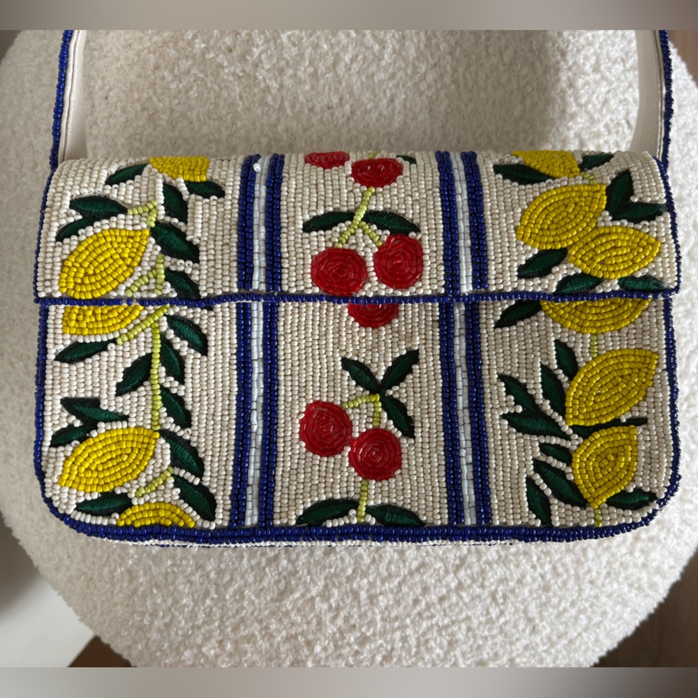 Anthropologie Fiona Beaded Purse Lemon Cherry Blue Trim - Picture 4 of 4